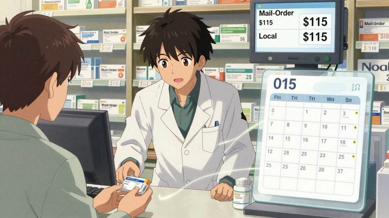 A pharmacist handing a 90-day prescription to a patient in a local pharmacy, with price comparison signs visible on the wall.