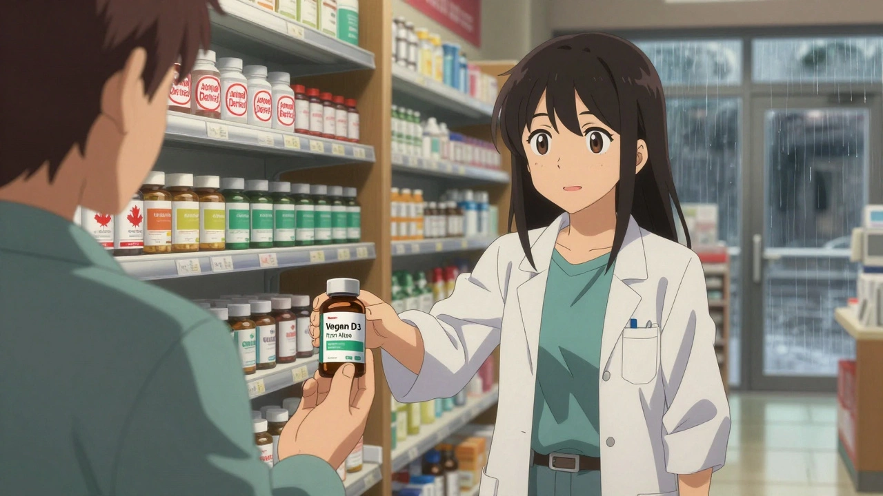A pharmacist handing a vegan vitamin D3 bottle to a customer in a modern pharmacy with labeled alternatives on shelves.
