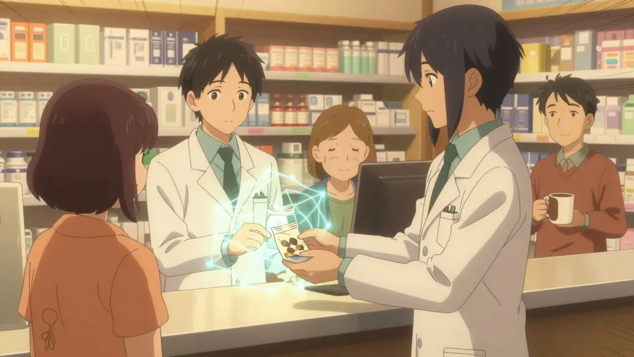 A pharmacist handing medication to a patient, with glowing connections to their care team in the background.