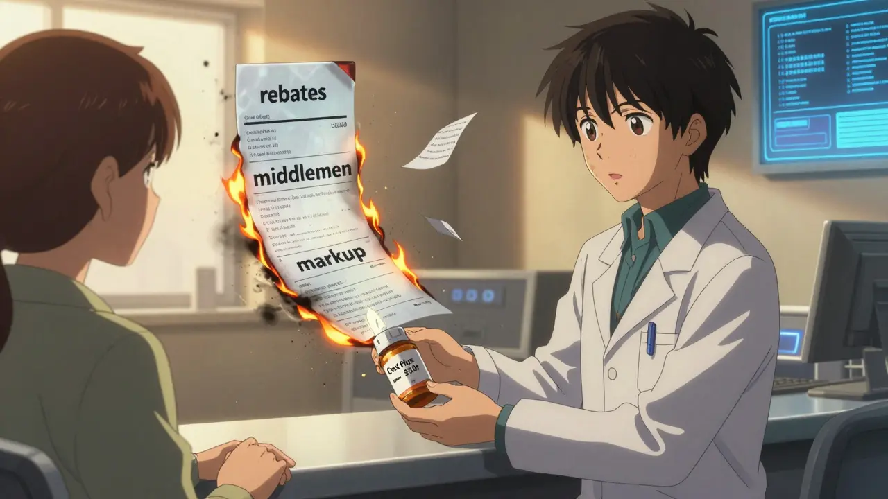 A pharmacist hands a low-cost generic pill to a patient as an insurance receipt burns into ash.