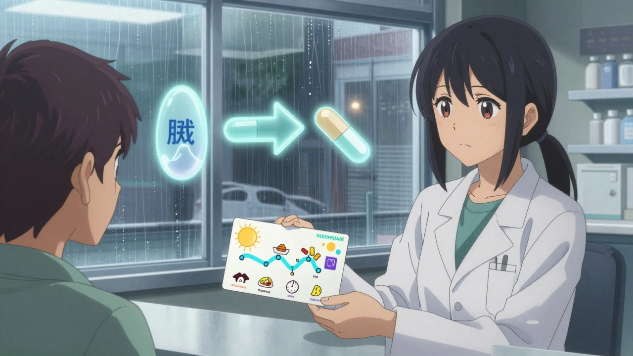 A pharmacist hands a patient a visual timing card showing pill schedules with sunrise, lunch, and moonrise icons.