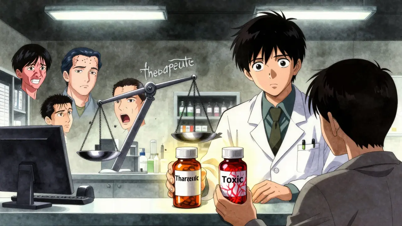 A pharmacist hands two identical pill bottles—one glowing safely, the other pulsing with danger—while patients float in the background.