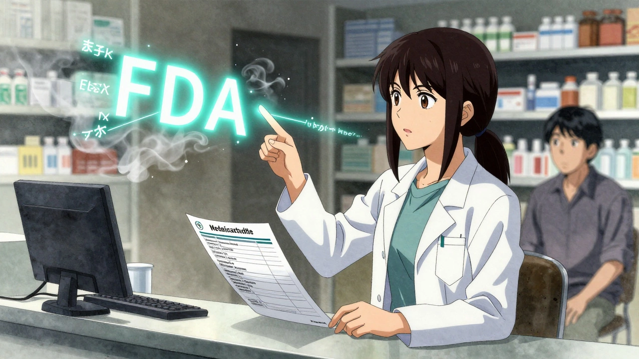 A pharmacist points to projected FDA labeling changes while a patient watches, Medication Guide in hand.