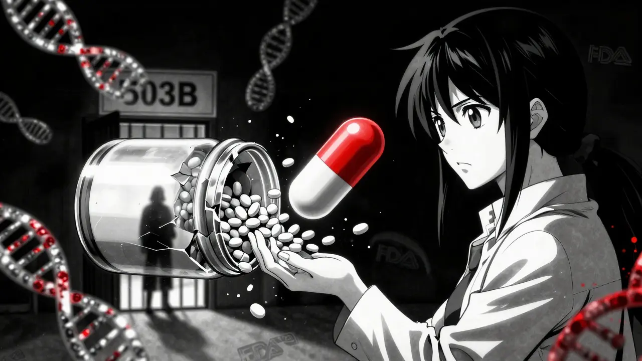 A shattered pill bottle transforming into a unique capsule surrounded by genetic and FDA symbols.