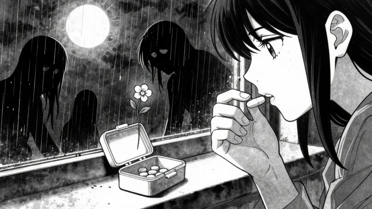 A single pill being taken at night, with shadowy doubts in the room and a fragile flower growing from the pillbox.