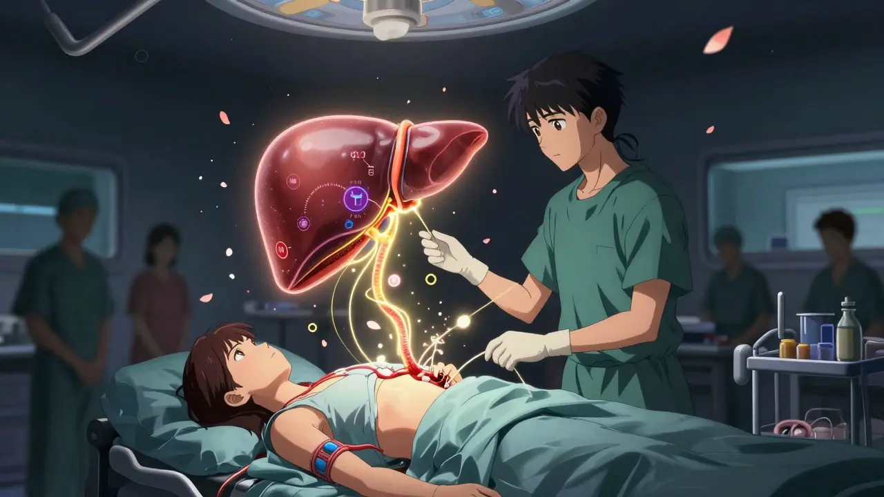 A surreal liver transplant with a glowing donor organ floating above the recipient, connected by golden threads.