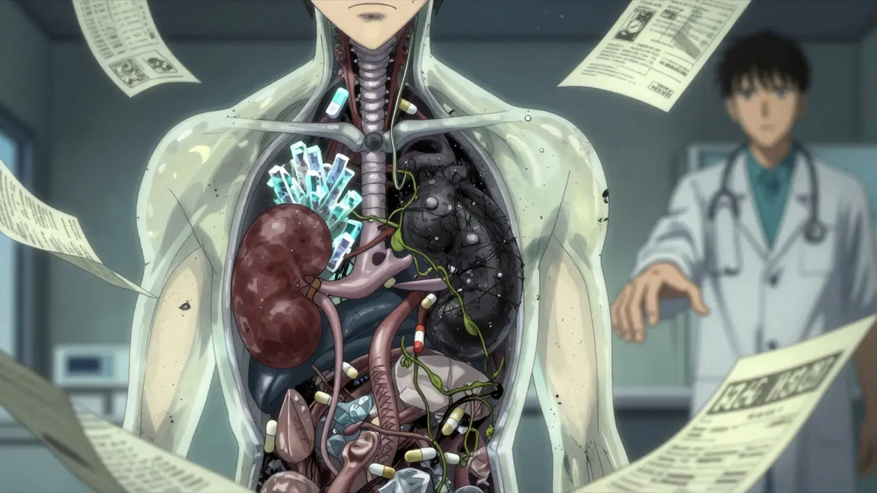 A translucent patient’s kidney is filled with toxic lithium crystals, choked by NSAID vines, surrounded by dissolving medical charts in a cold clinical haze.