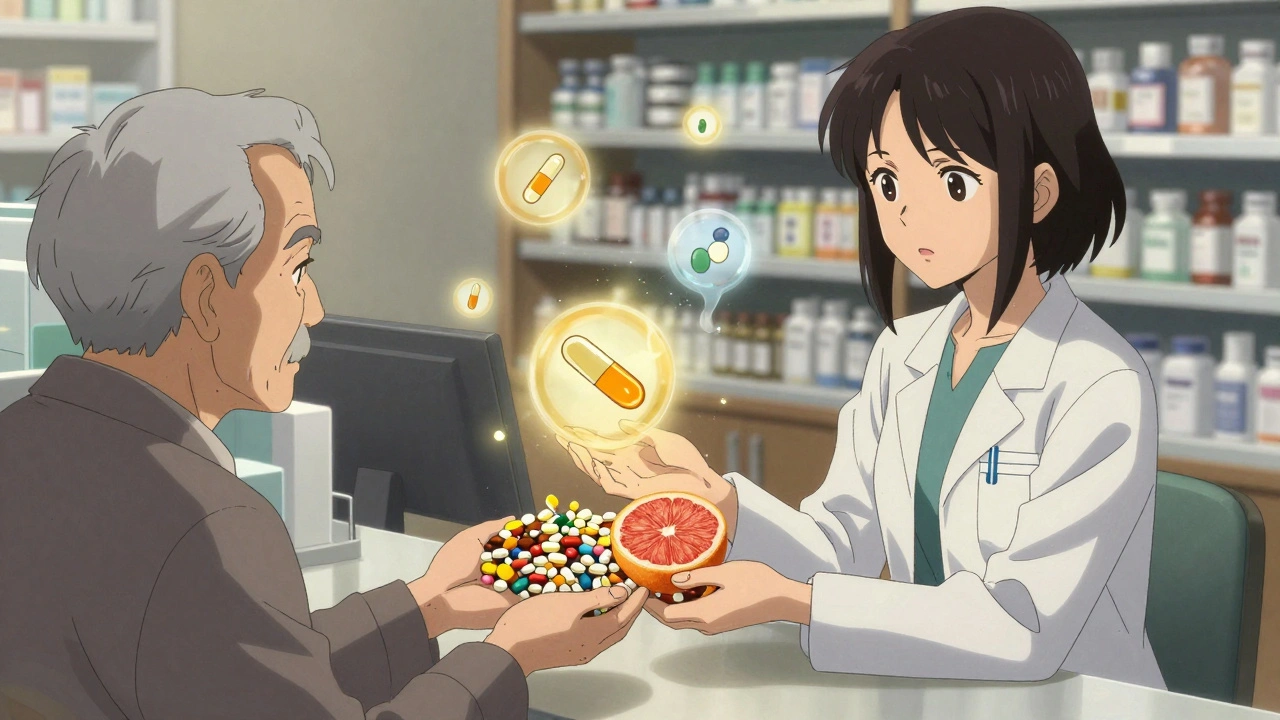An elderly patient hands a pharmacist a pile of medications and a grapefruit, with ghostly drug icons floating above.