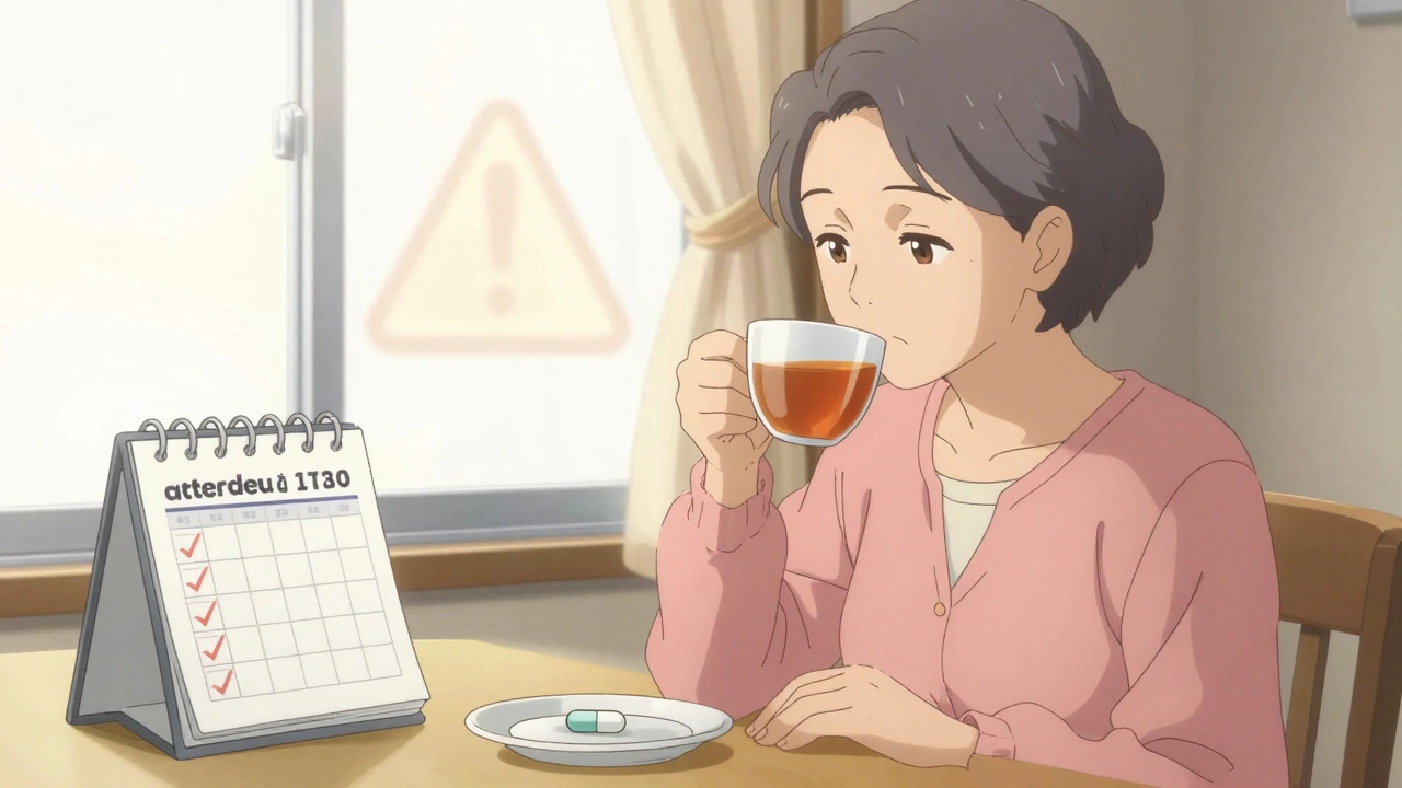 An elderly person at a sunlit window with metformin pill and test calendar, calm and vigilant in soft morning light.