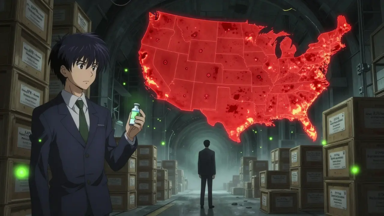 An underground SAPIR warehouse holds only 26 API types while hundreds of drug shortages burn red across the U.S. map.