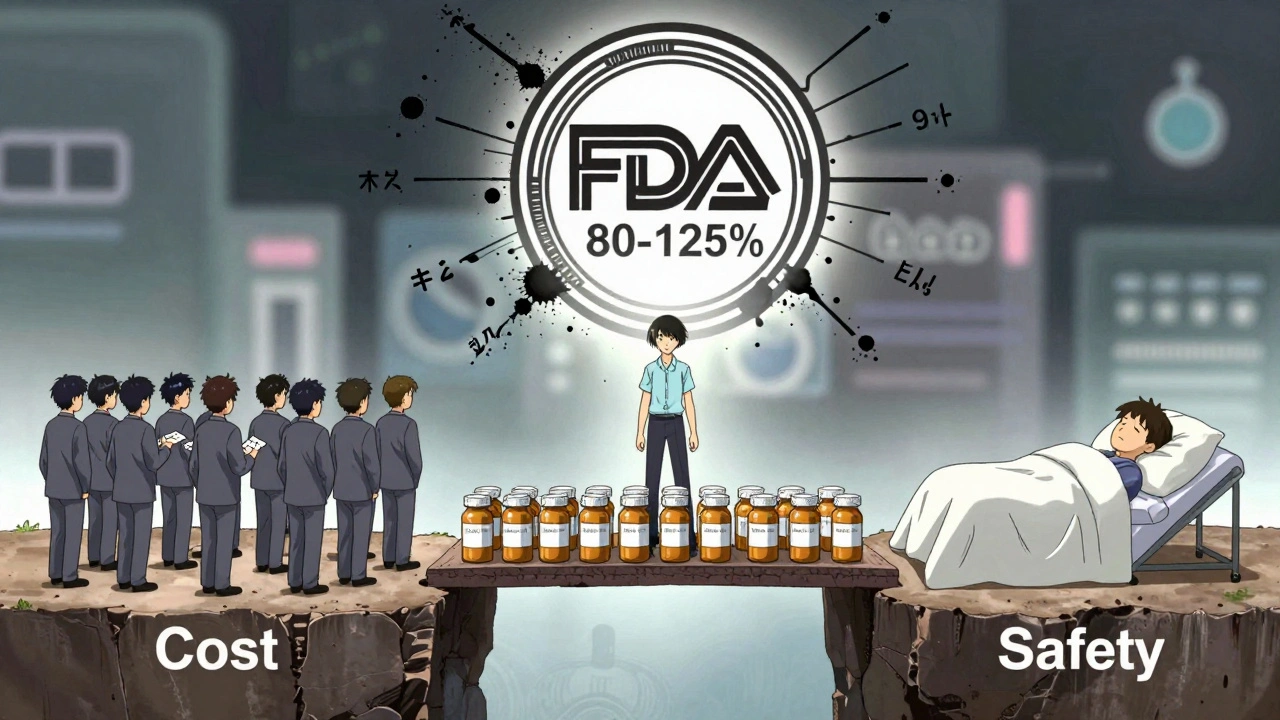 Bridge of pill bottles connecting cost and safety, with a guardian seal above.