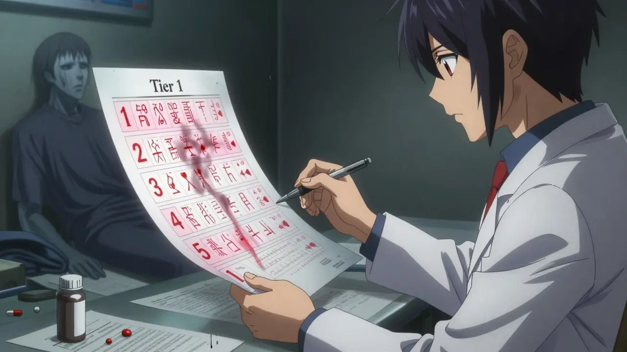 Doctor writing prescription as a cursed formulary scroll unfolds, patient fading in background.