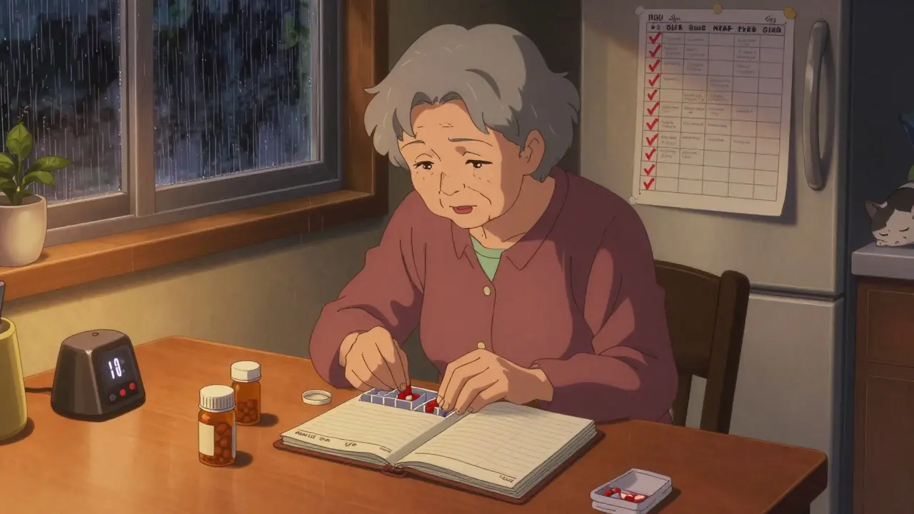 Elderly woman filling weekly pill organizer at kitchen table on Friday night.