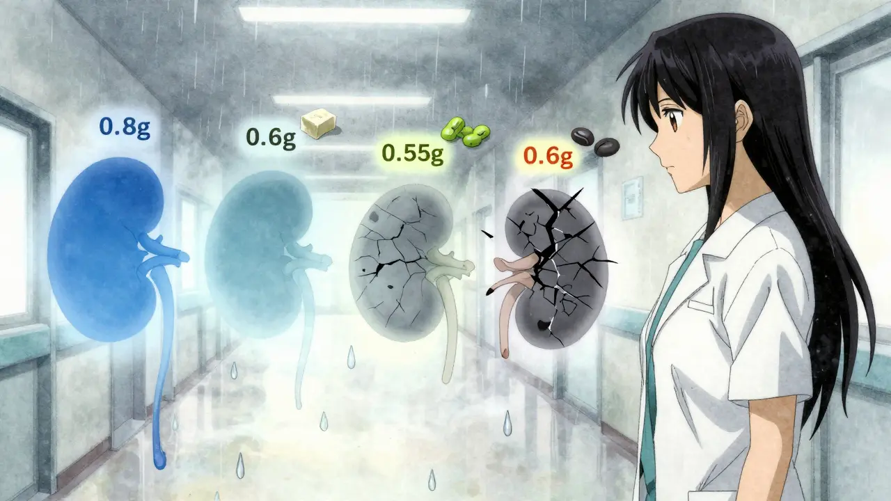 Four fading kidney silhouettes descending through CKD stages with floating protein targets and plant vs. animal protein symbols.