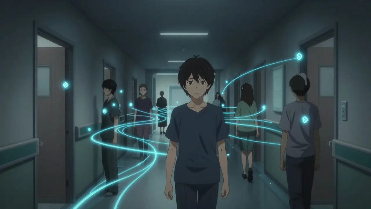 Glowing blue audio pathways guide patients through a hospital corridor, invisible support made visible.