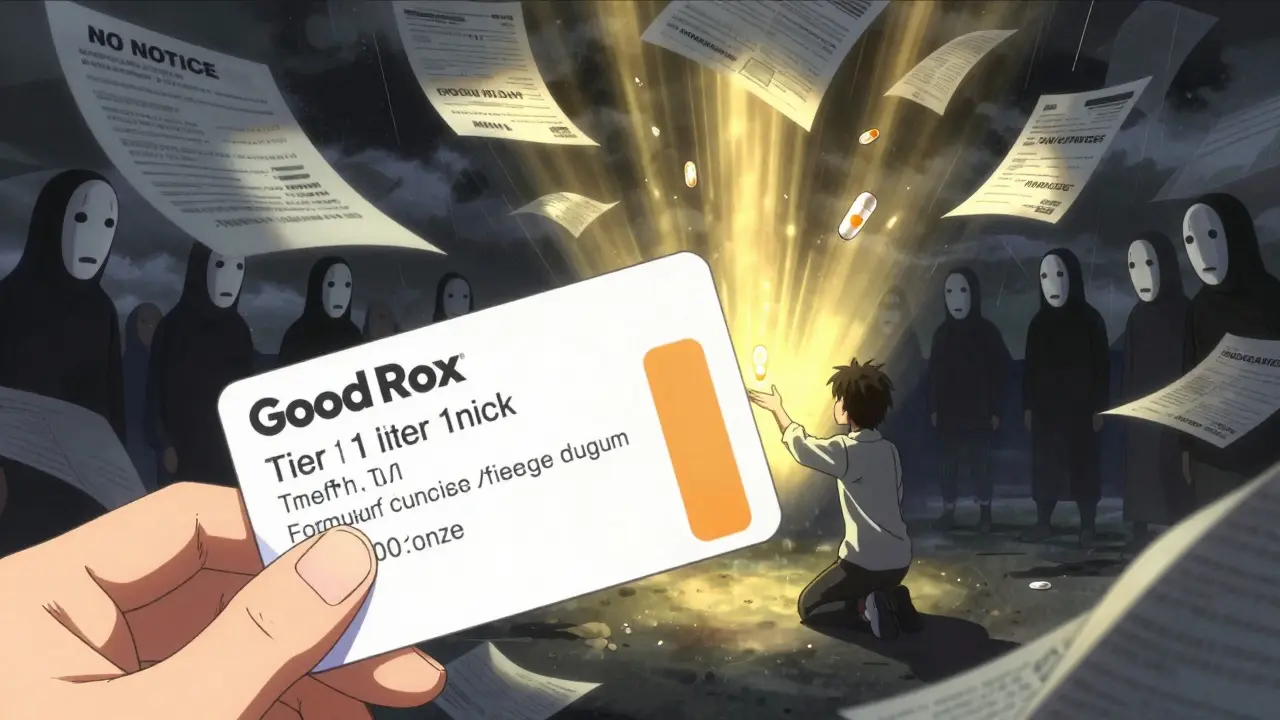 Hand holding discount card amid storm of insurance papers, golden light shines on a generic pill.