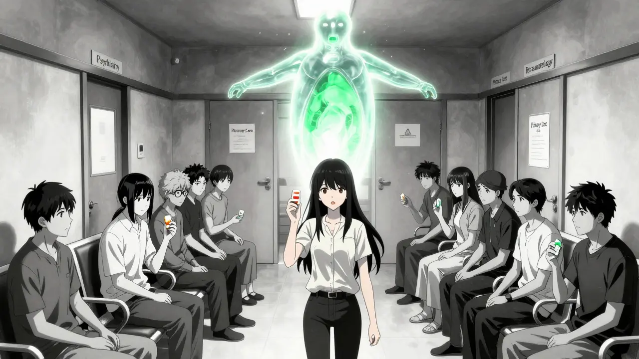 In a crowded clinic, lithium glows protectively over those holding acetaminophen, while disconnected doctor doors remain locked around them.