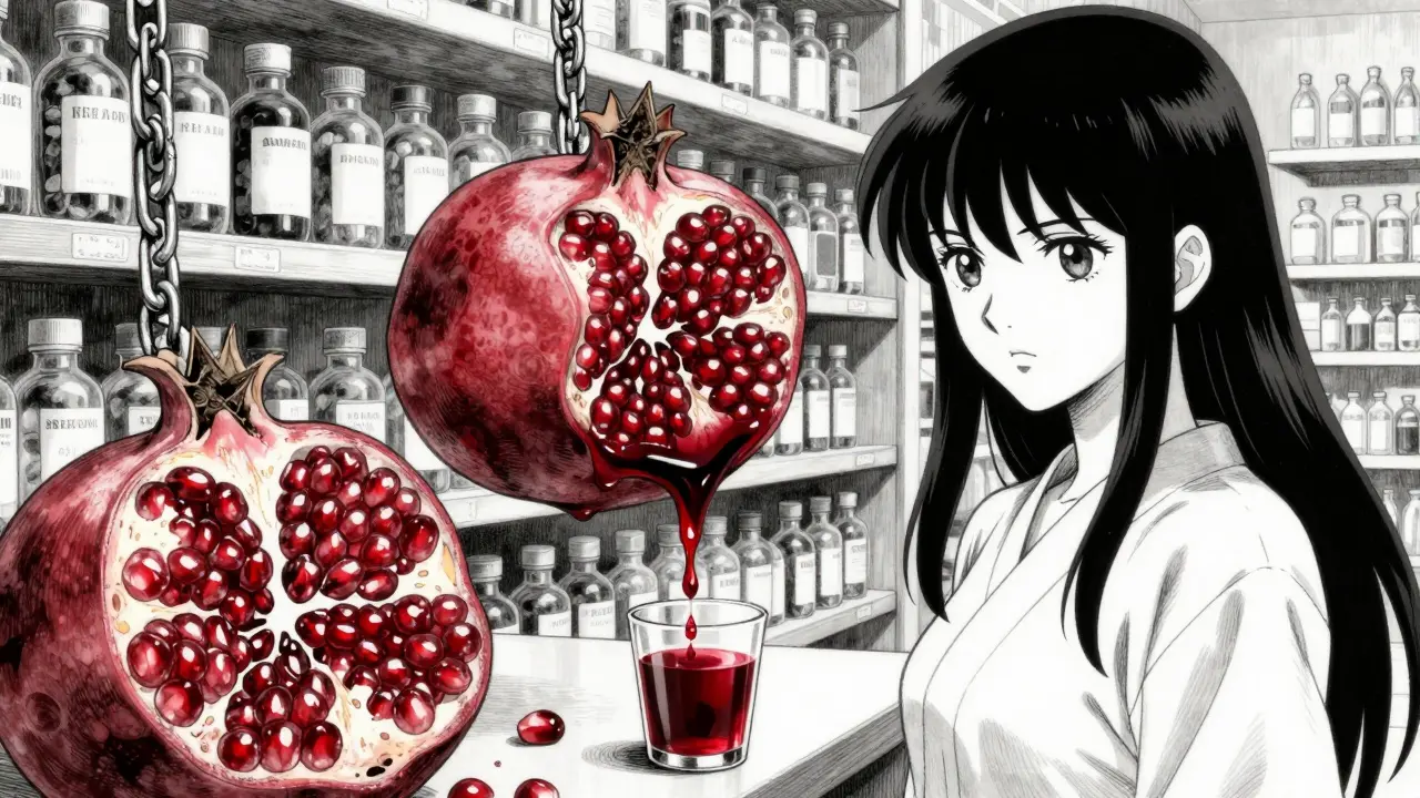 Medication bottles chained to giant pulsing pomegranates oozing dark juice.