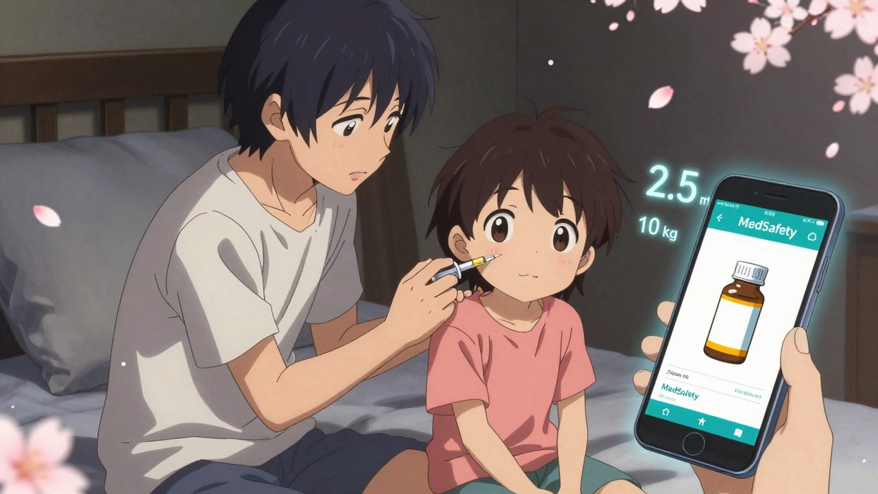 Parent giving child medicine via syringe while smartphone app displays dose.