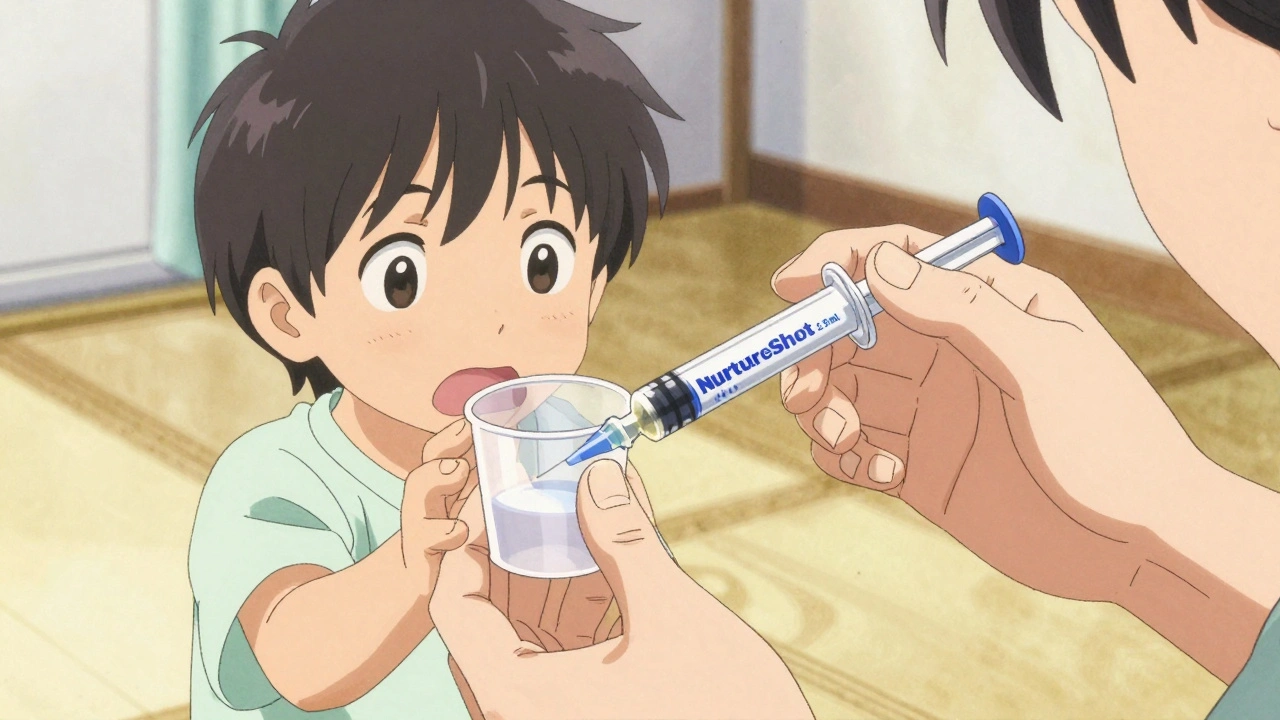Parent stopping child from using a dosing cup, holding a color-coded syringe.