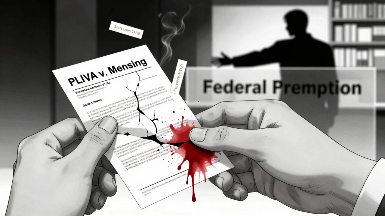 Patient&#039;s hand clutching a prescription that turns into a crumbling legal contract with federal preemption barrier.