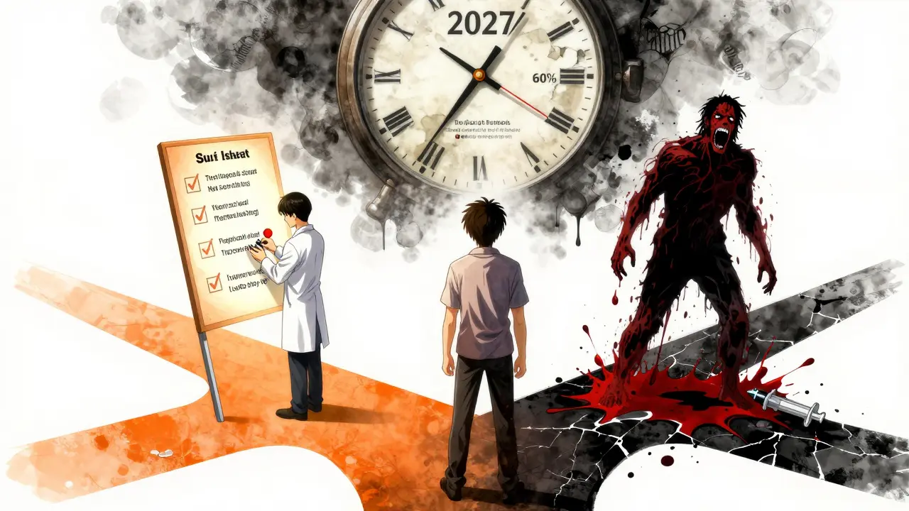 Patient at crossroads between predictable side effects and life-threatening reaction, clock labeled 2027 above in dark anime style.