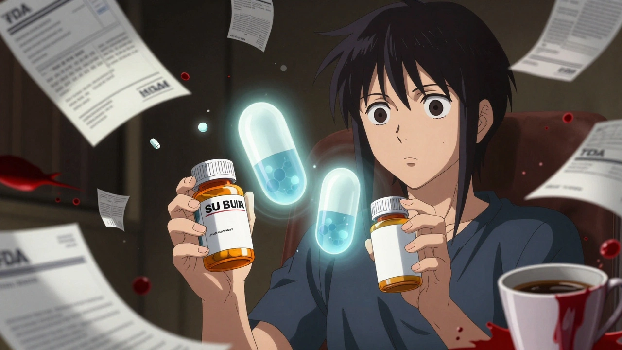 Patient holding two pill bottles as ghostly pills float between them, ink fragments dissolve around.