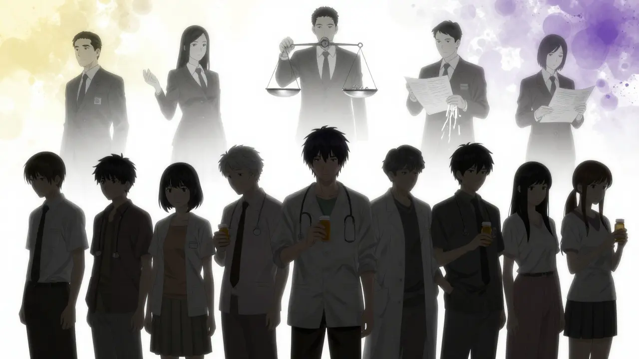 Patients hold empty pill bottles in silent line, ghostly officials float above them in a shadowy hospital scene.