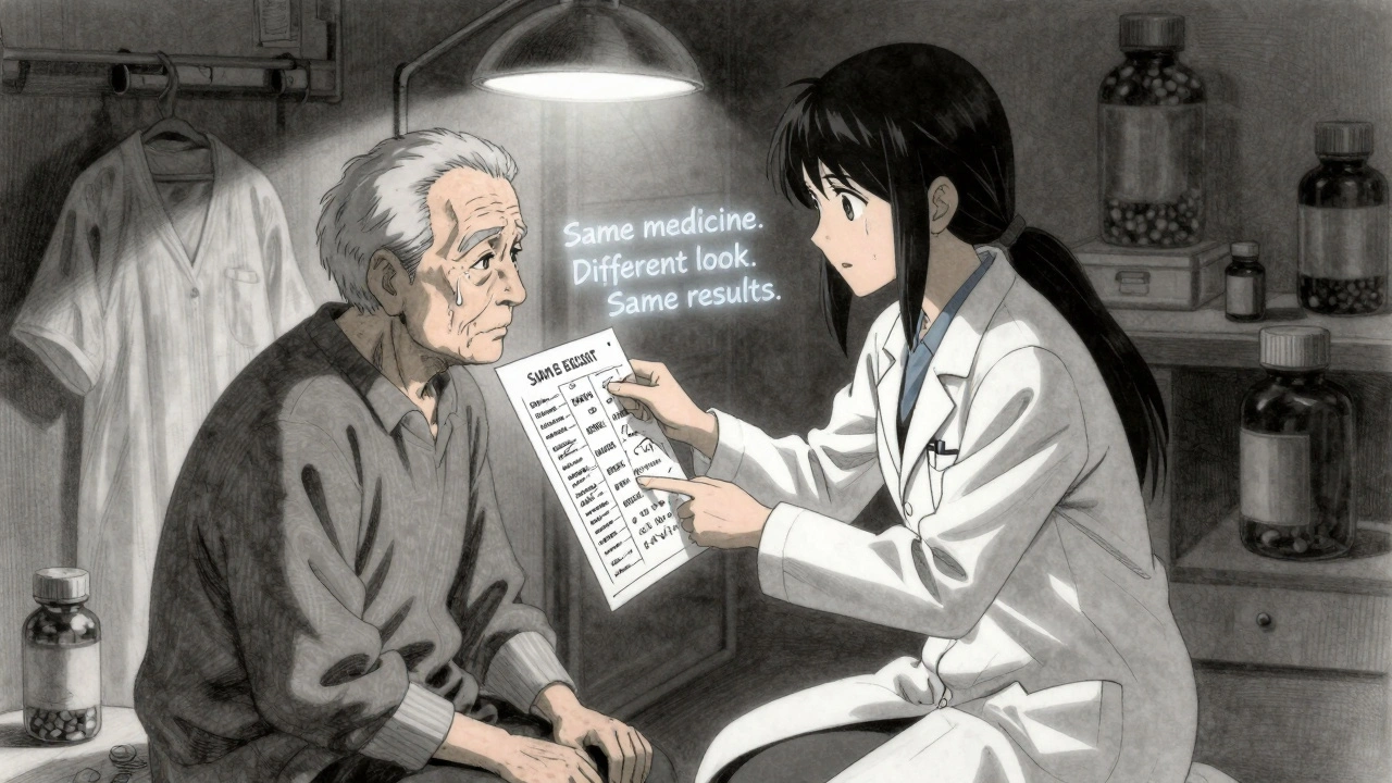 Pharmacist explains generic medication using a visual chart to an elderly patient with tears of relief.
