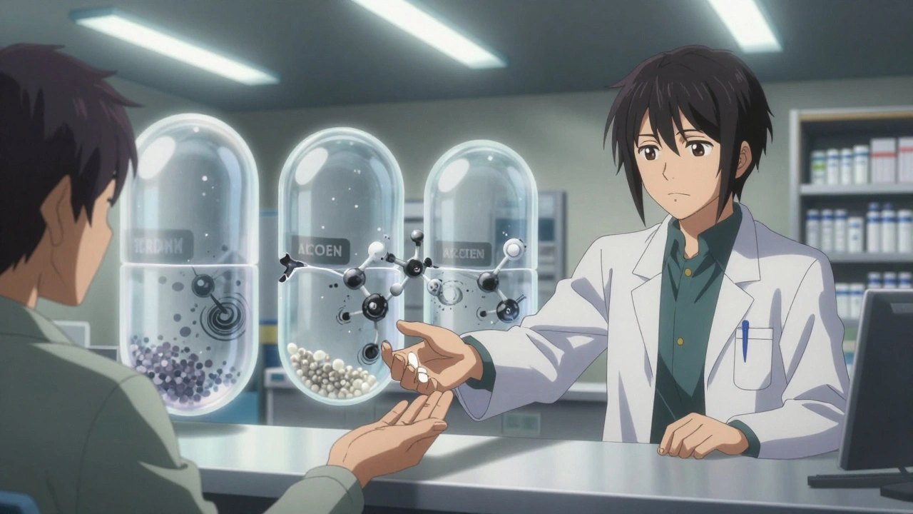 Pharmacist handing a pill to patient, molecular patterns swirl around, three pill versions visible.