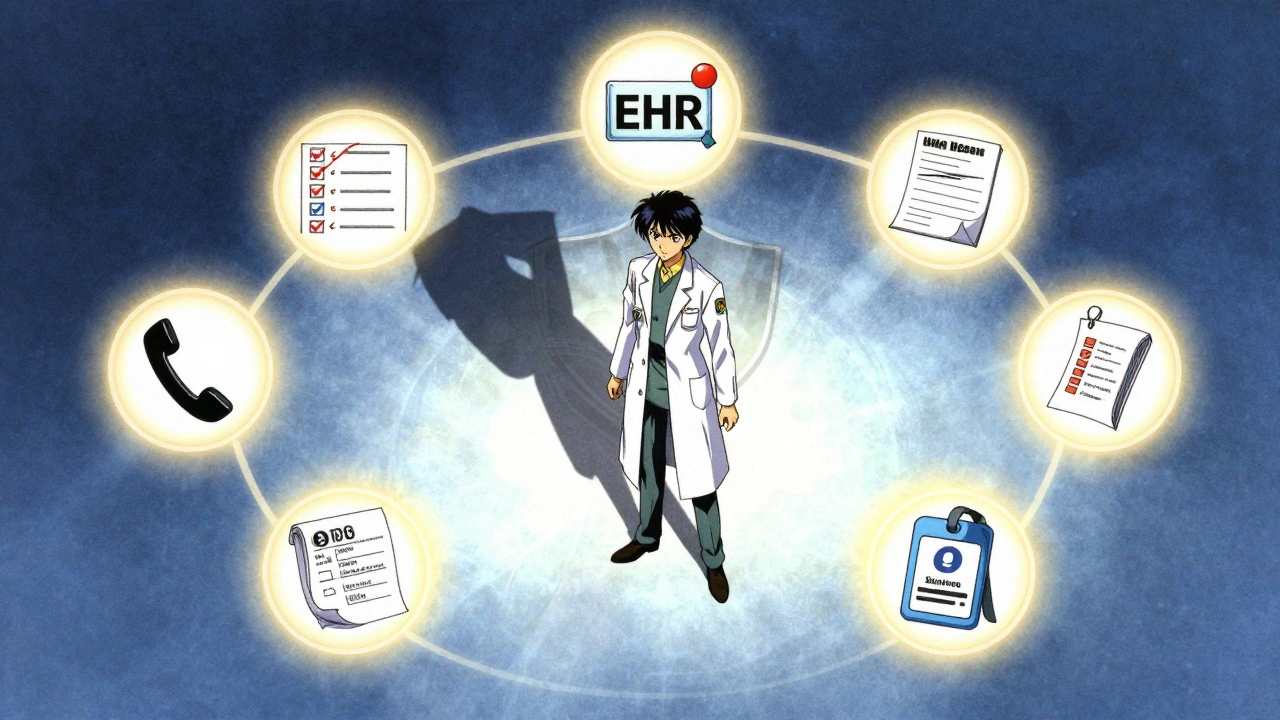 Pharmacist surrounded by seven glowing safety protocol symbols, forming a protective shield in a clinical setting.