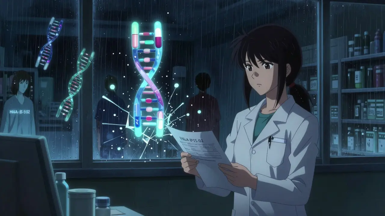 Pharmacy scene with floating drug molecules and glowing genetic markers, rain reflecting on windows in moody anime style.