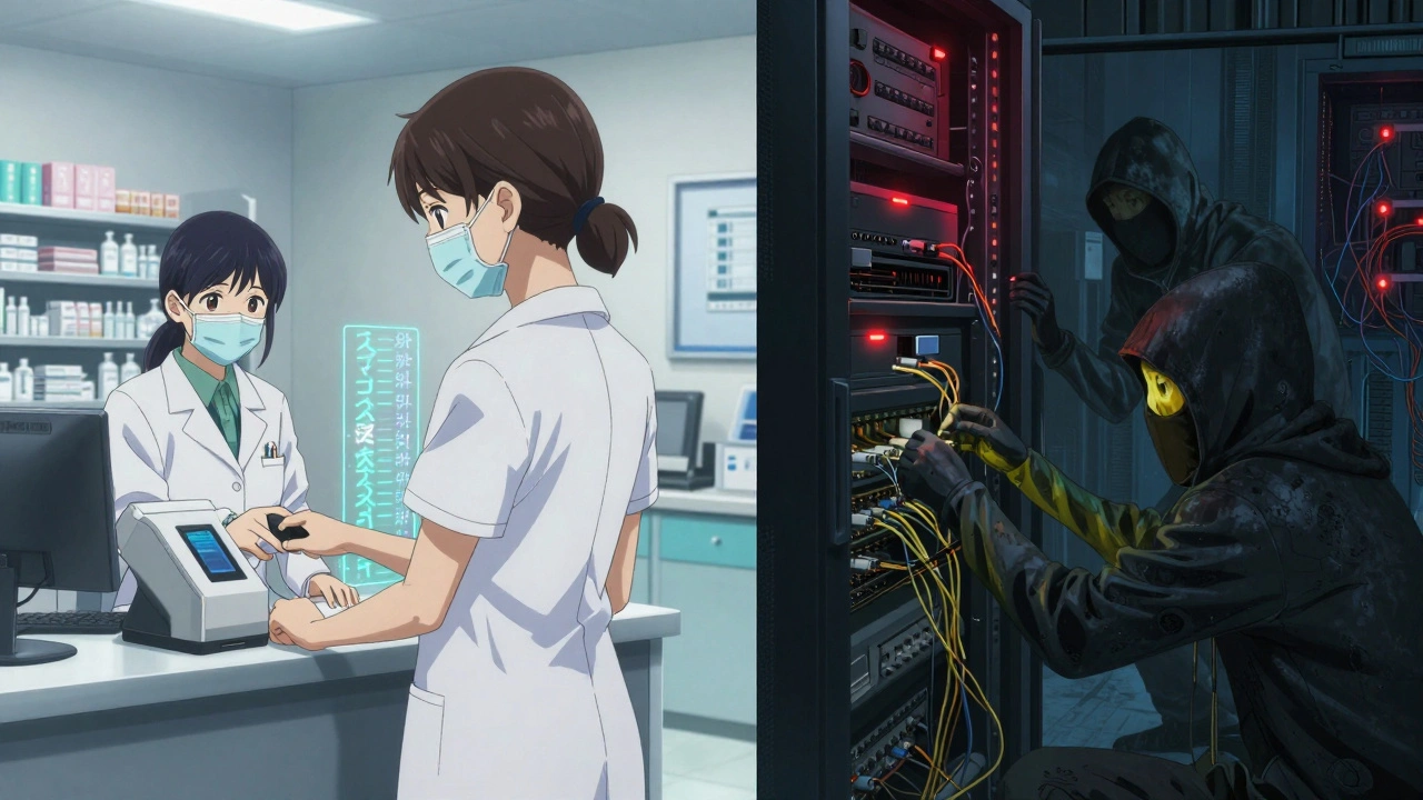 Split scene: a safe pharmacy with biometric verification vs. a dark server room with hackers stealing data.