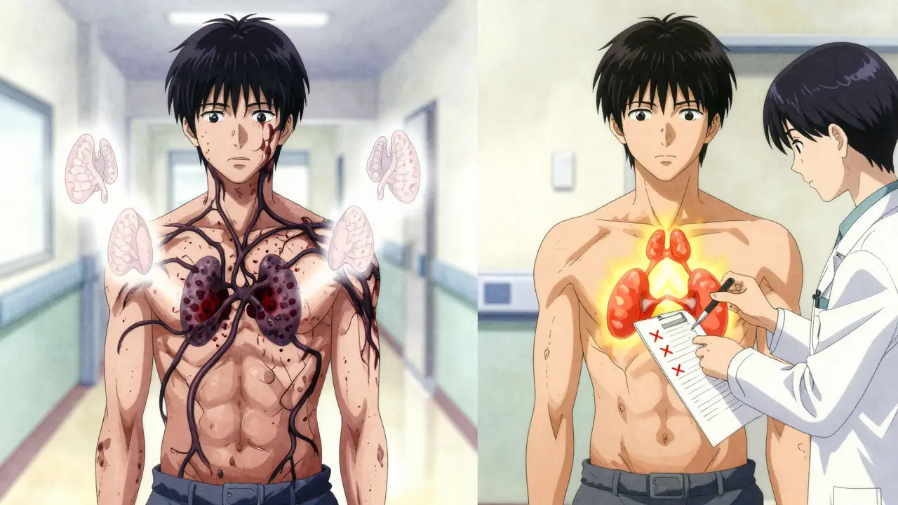 Split scene of a septic patient’s declining hormone levels transforming into restored balance after recovery, shown through visual contrast.