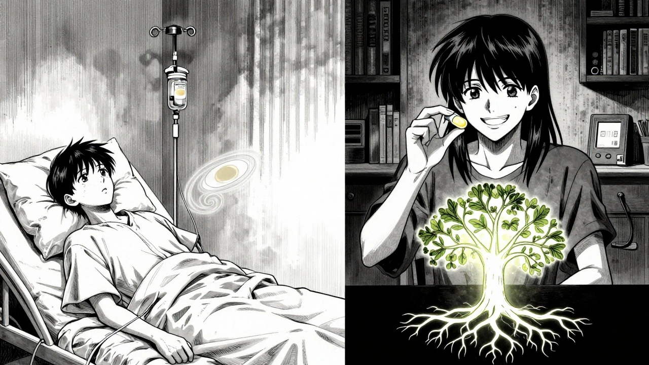 Split scene: one side shows a patient on IV with egg motifs, the other shows them taking a plant-based capsule under a glowing root system.