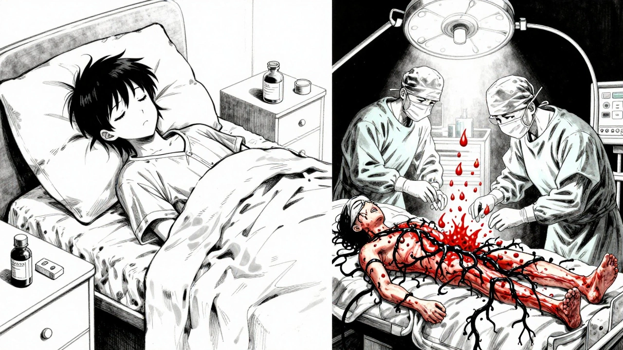 Split scene: peaceful home vs. emergency surgery, showing rapid progression of necrotizing infection.