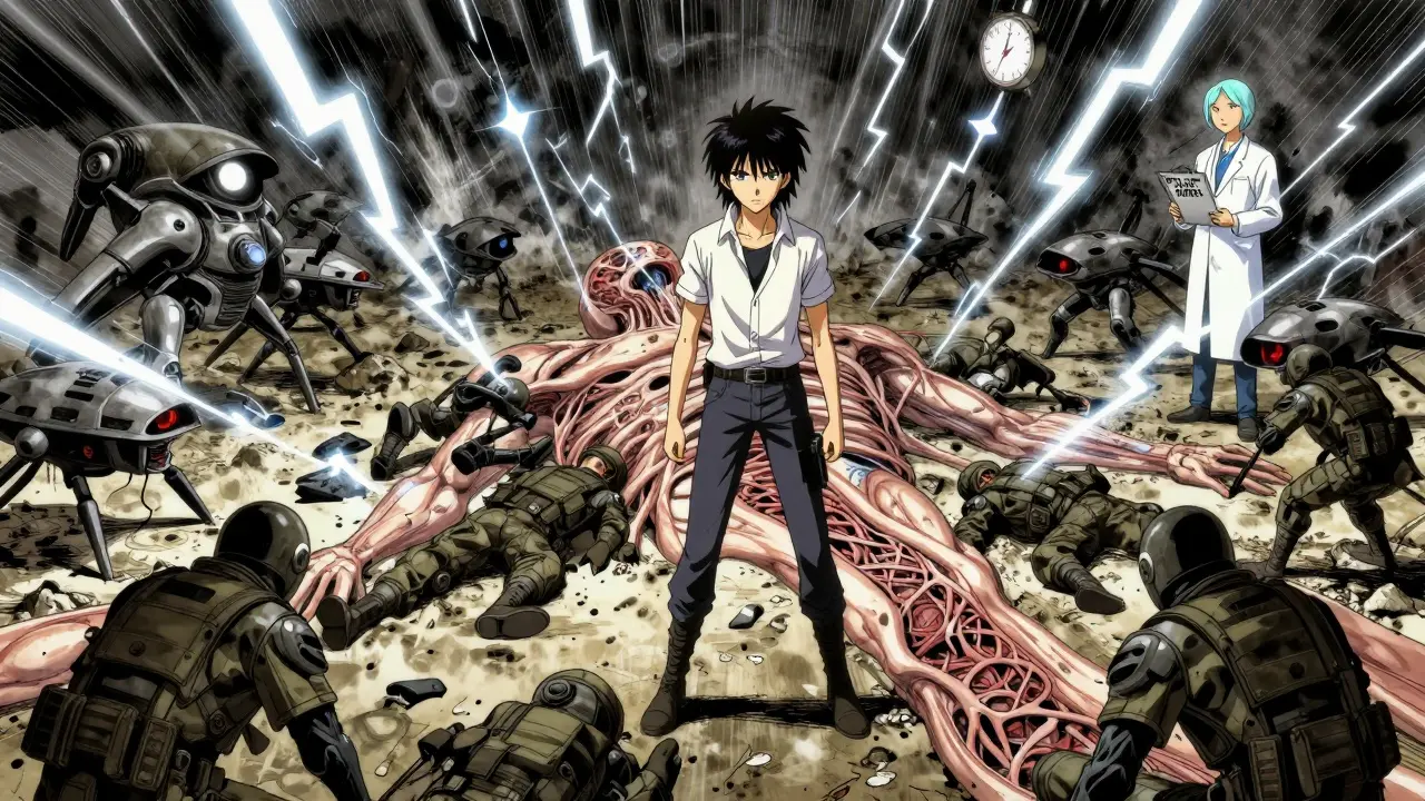 Symbolic battlefield inside the body where T3 soldiers fall to cytokine storms, while reverse T3 blocks energy pathways.