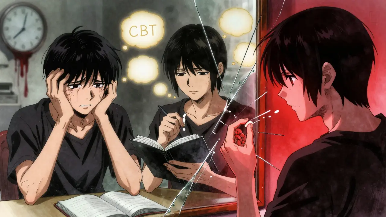 Three versions of a person reflected in a fractured mirror, symbolizing anxiety, therapy, and benzodiazepine dependence.