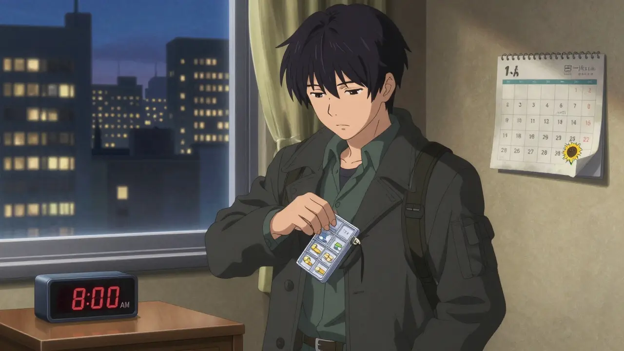 Traveler packing portable pill organizer in coat pocket before leaving hotel.