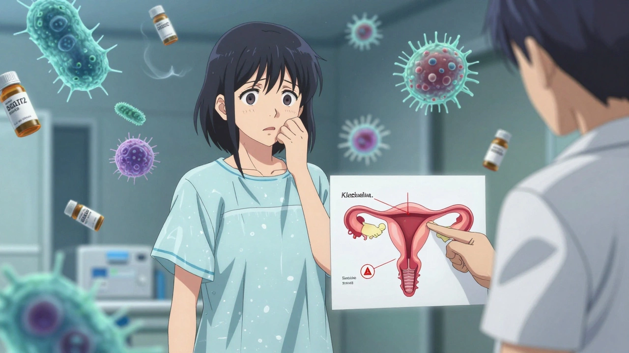 Woman pointing to a medical diagram with ghostly bacterial forms swirling around her, expressing alarm.