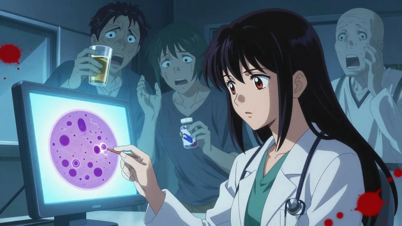 A doctor examines a blood smear as ghostly patients whisper, holding medication bottles, in a cold blue-lit room with crimson accents.