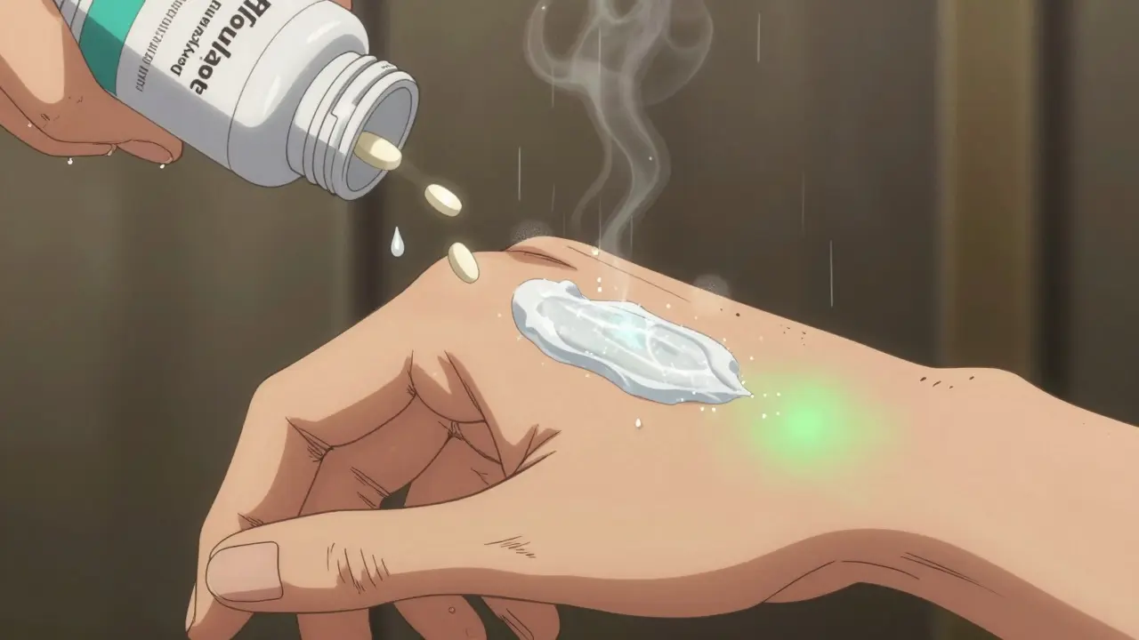 A hand applying zinc oxide sunscreen with visible mineral particles, glowing rash visible on wrist, pill bottles dissolving into smoke.