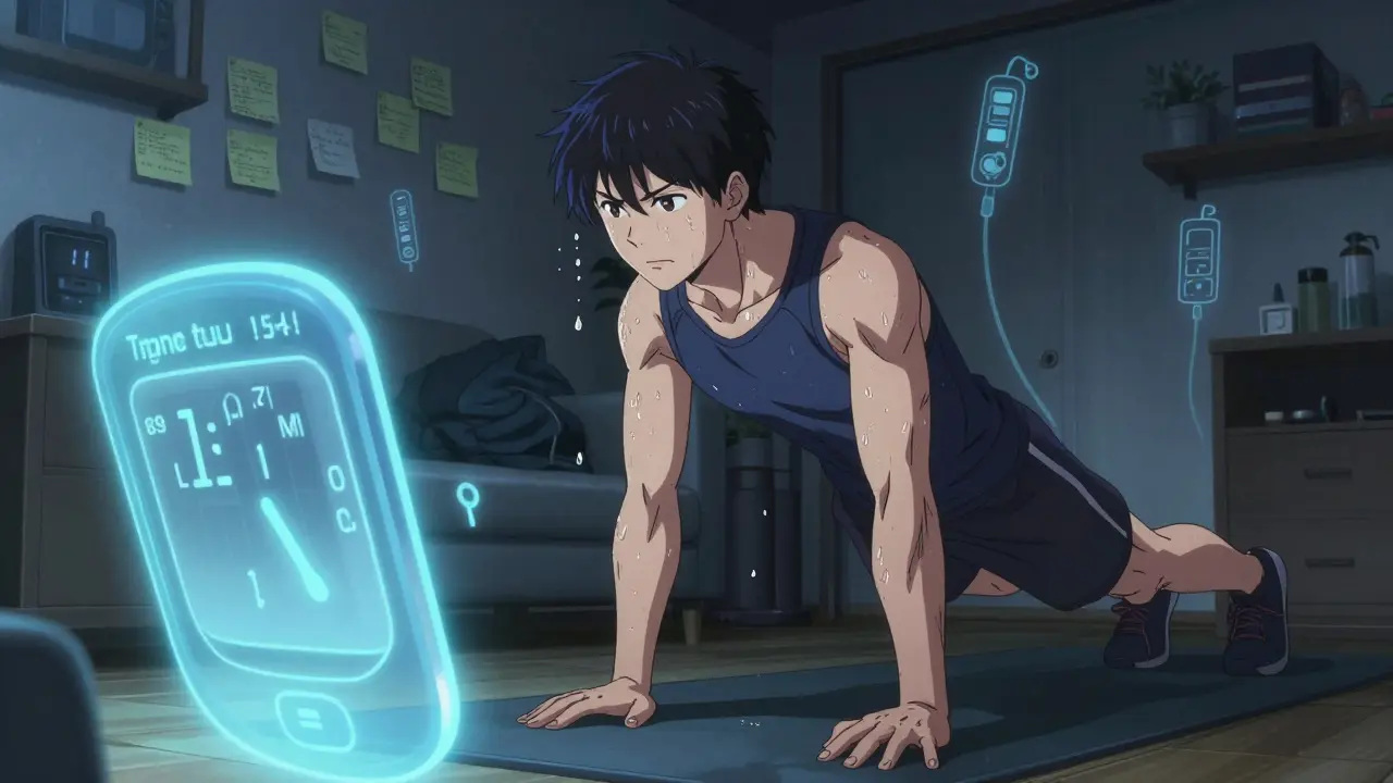 A man doing bodyweight exercises in his apartment with a holographic glucose monitor floating beside him.