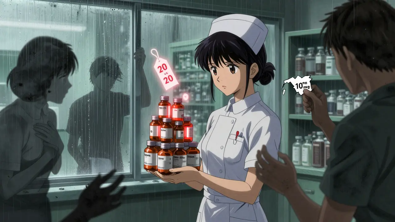 A nurse in a hospital pharmacy surrounded by glowing red lot numbers and shadowy patient figures.
