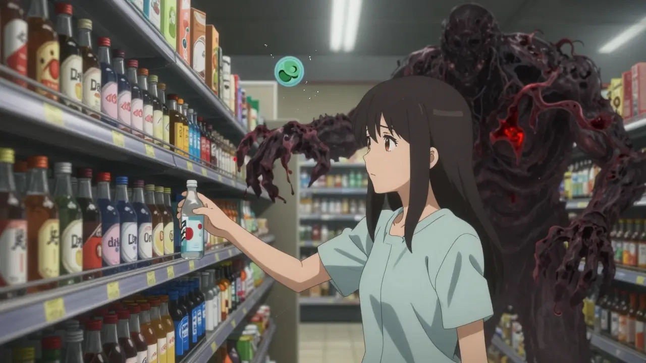 A person reaching for tonic water in a store, their shadow morphing into a monstrous clot entity, medical symbols fading behind them.