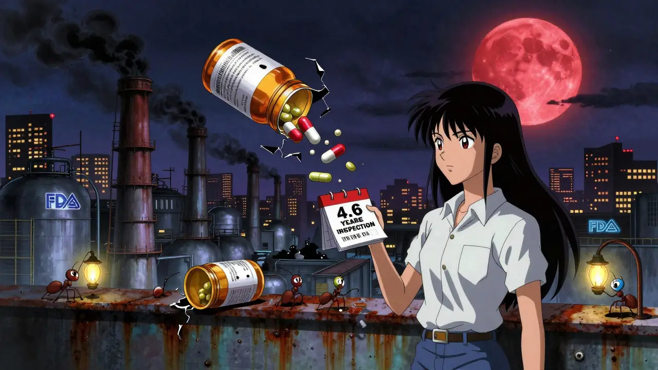 A polluted factory at night with floating recalled pills, tiny inspectors crawling on its walls under a red moon.