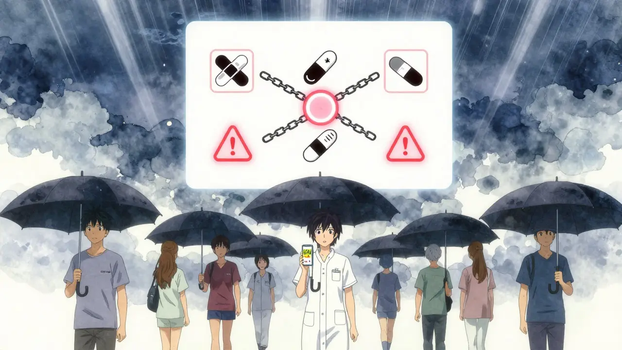 A stormy sky of UV rays with medication icons chained by warnings, people walking safely under sun-protective umbrellas.