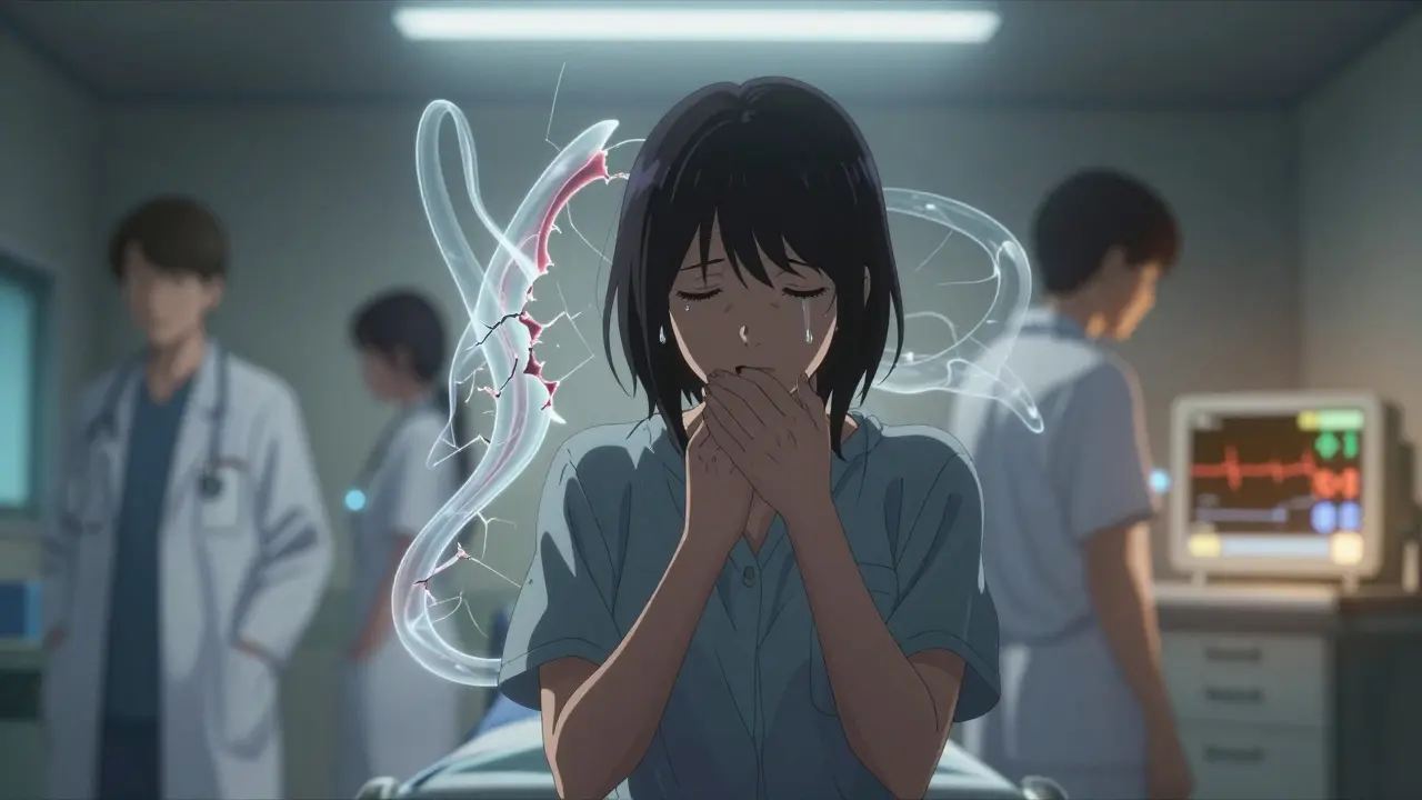 A woman in an ER clutching her jaw, doctors ignoring her, her arteries visibly torn behind her.