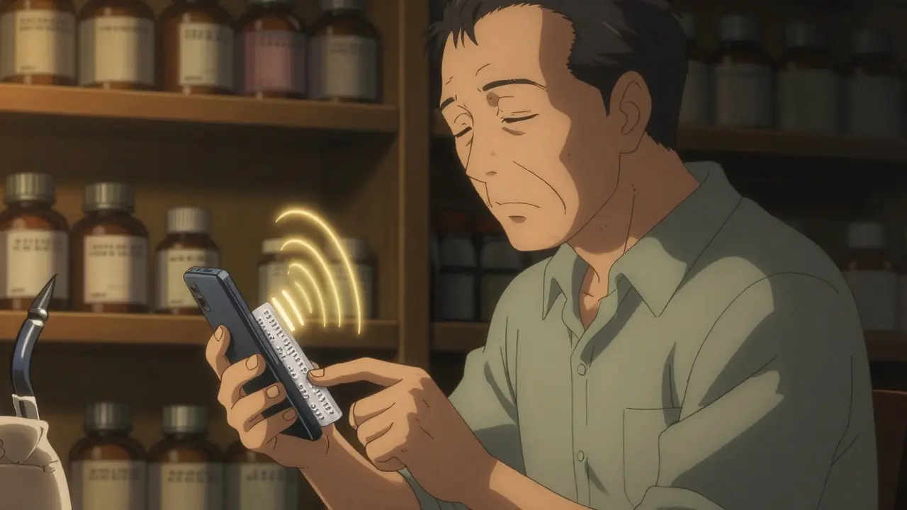 Blind man reading braille labels on medication while scanning a QR code with his phone.