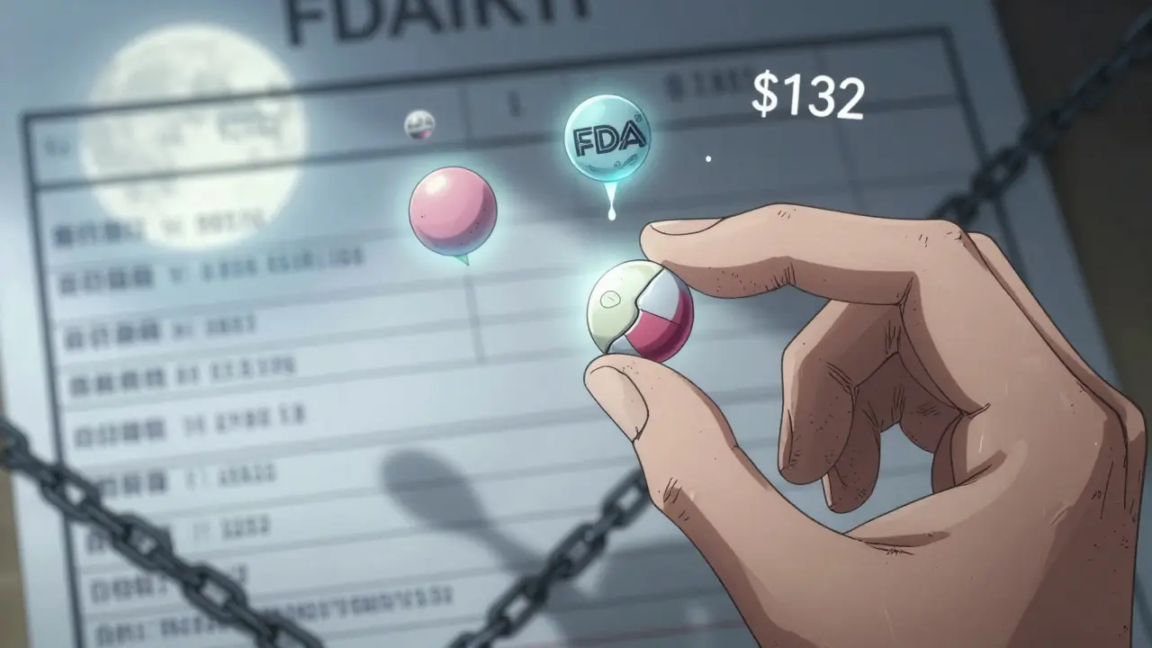 Close-up of two different generic pills with glowing bioequivalence auras and cost comparisons.